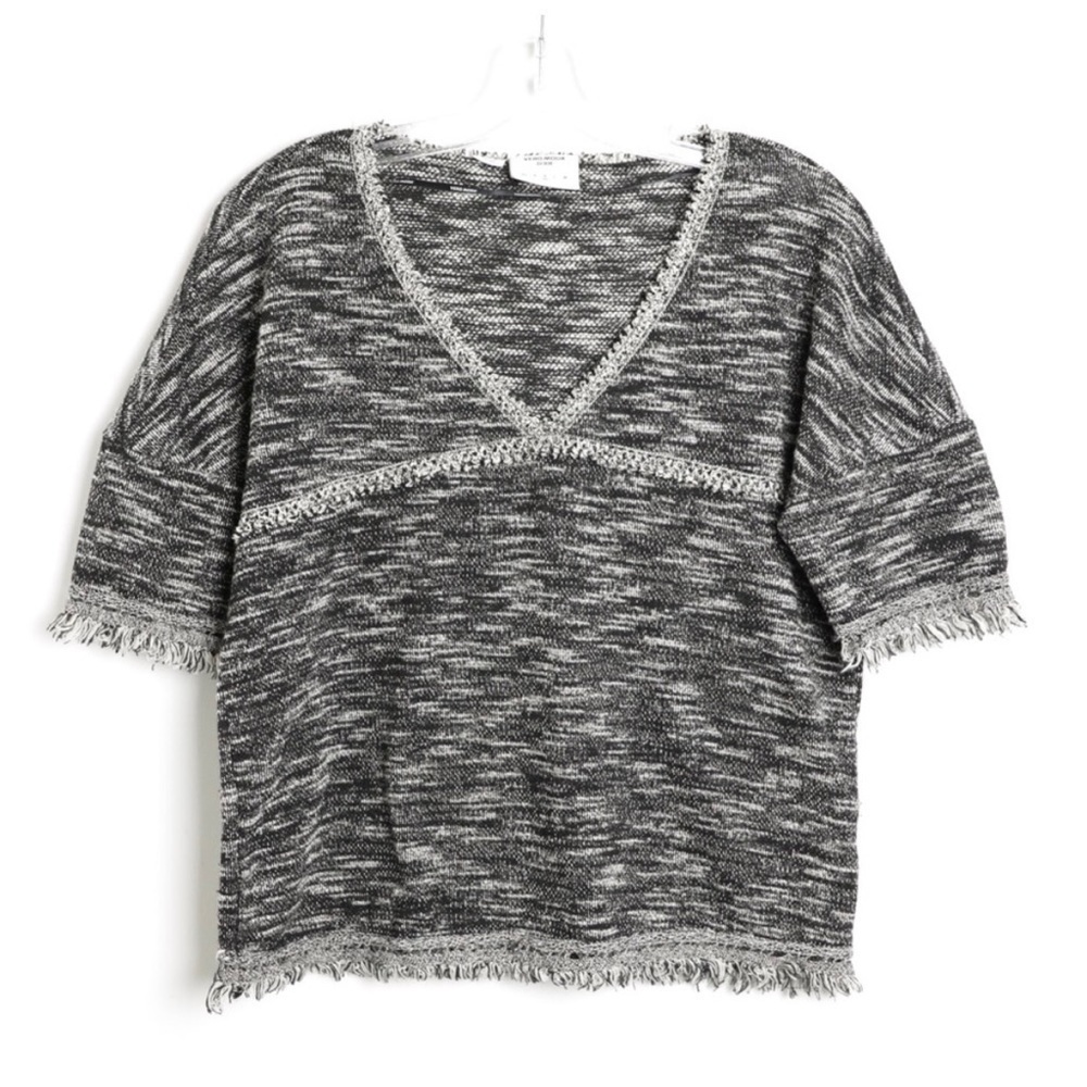 Vero Moda fringe boho top shortsleeve woven knit v-neck heathered print grey M